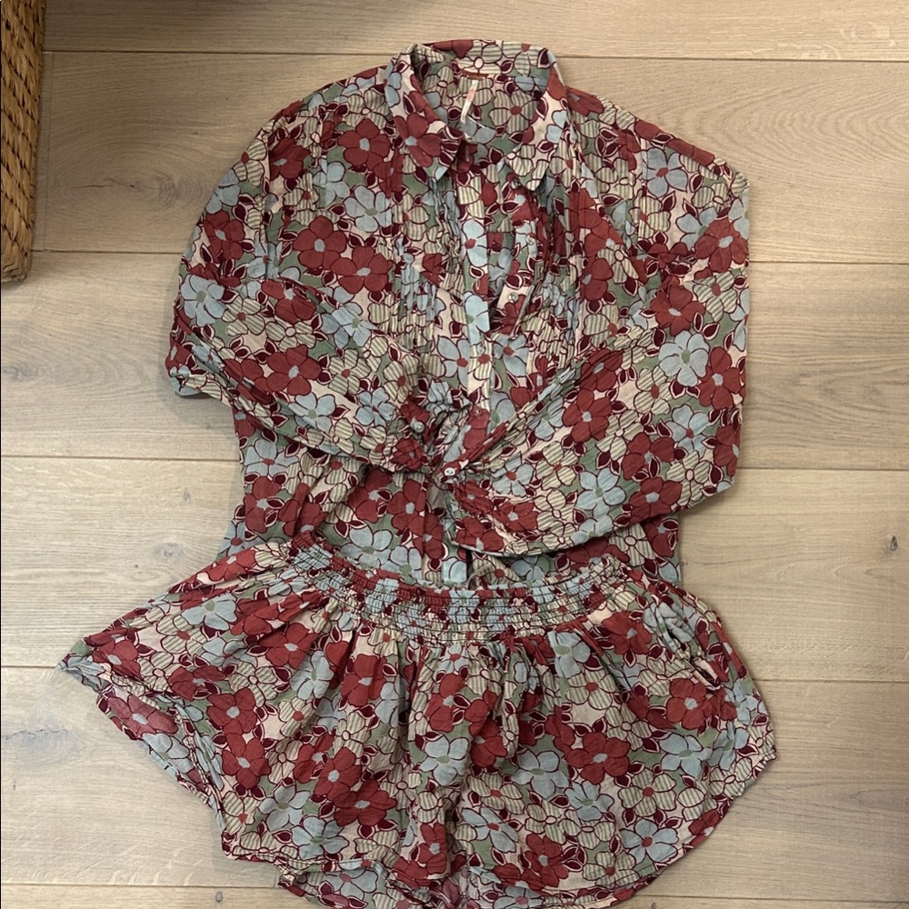 Free People Floral Button Down Shirt - Red and Gray